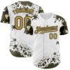 Custom White Old Gold Black-Olive Splatter Camo Two Tone Authentic Baseball Jersey