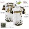 Custom White Old Gold Black-Olive Splatter Camo Two Tone Authentic Baseball Jersey