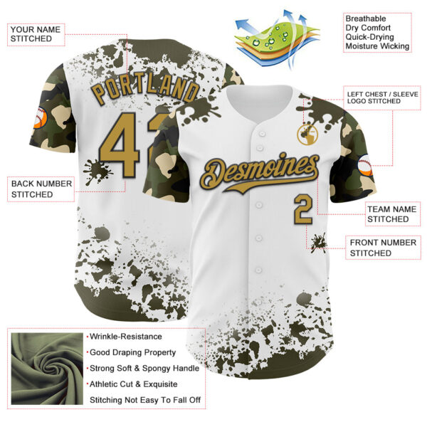 Custom White Old Gold Black-Olive Splatter Camo Two Tone Authentic Baseball Jersey