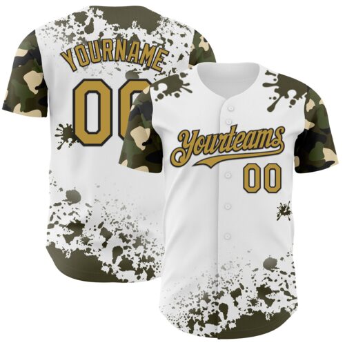 TwoTone1349 Custom White Old Gold Black-Olive Splatter Camo Two Tone Authentic Baseball Jersey