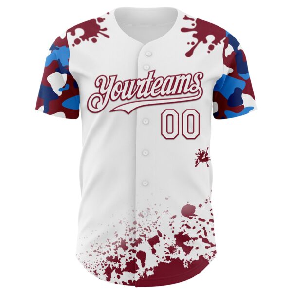 Custom White Crimson-Blue Splatter Camo Two Tone Authentic Baseball Jersey
