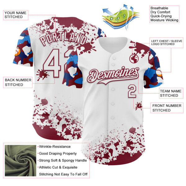 Custom White Crimson-Blue Splatter Camo Two Tone Authentic Baseball Jersey