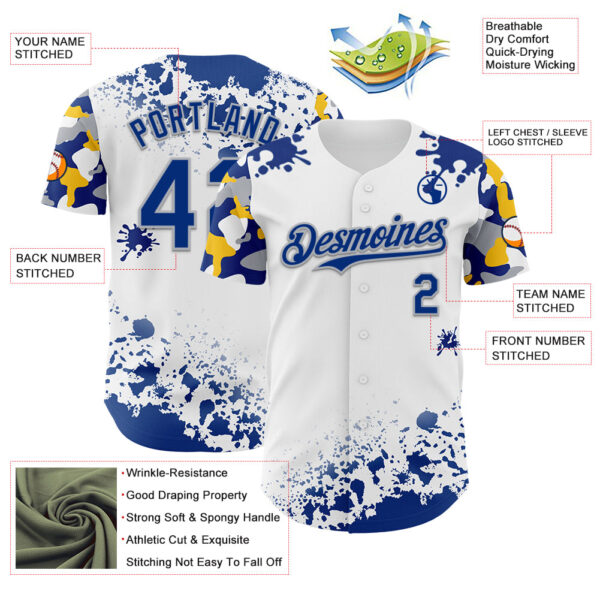 Custom White Royal Gray-Yellow Splatter Camo Two Tone Authentic Baseball Jersey