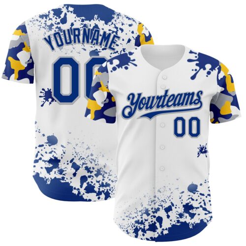 TwoTone1351 Custom White Royal Gray-Yellow Splatter Camo Two Tone Authentic Baseball Jersey