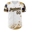 Custom White Black Old Gold-Blue Splatter Camo Two Tone Authentic Baseball Jersey