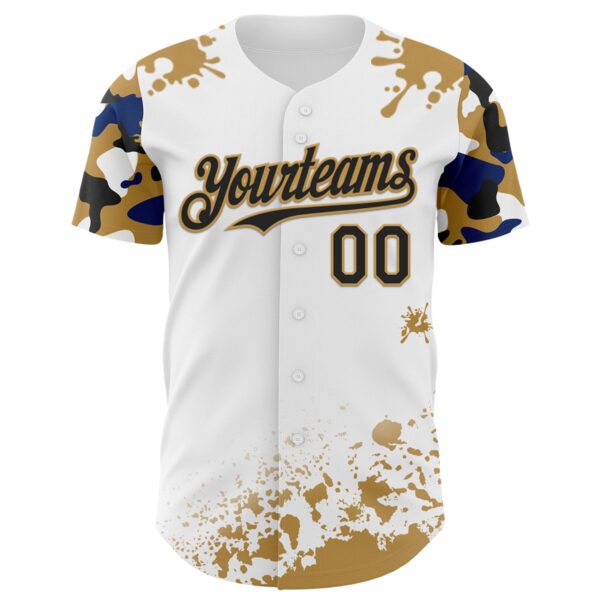 Custom White Black Old Gold-Blue Splatter Camo Two Tone Authentic Baseball Jersey