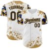Custom White Black Old Gold-Blue Splatter Camo Two Tone Authentic Baseball Jersey