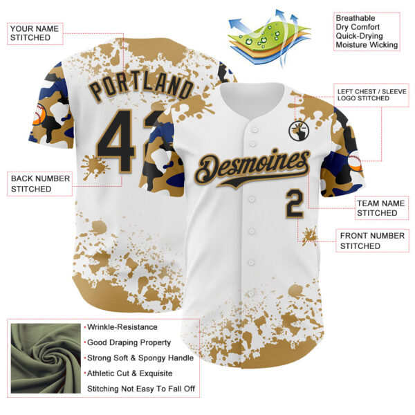 Custom White Black Old Gold-Blue Splatter Camo Two Tone Authentic Baseball Jersey