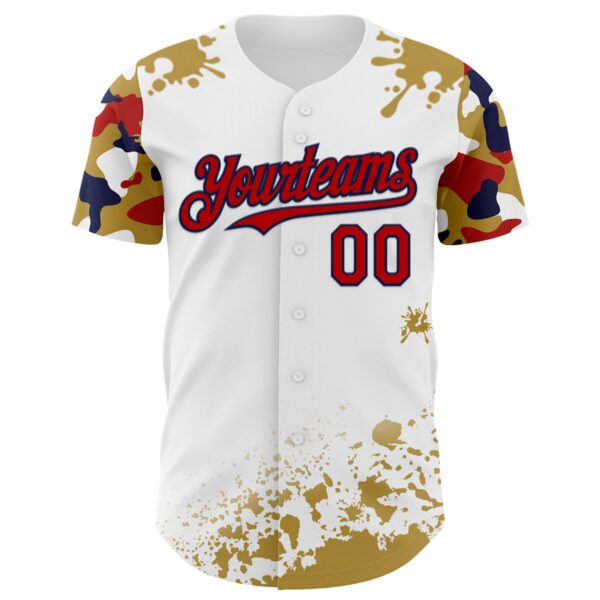 Custom White Red Navy-Old Gold Splatter Camo Two Tone Authentic Baseball Jersey