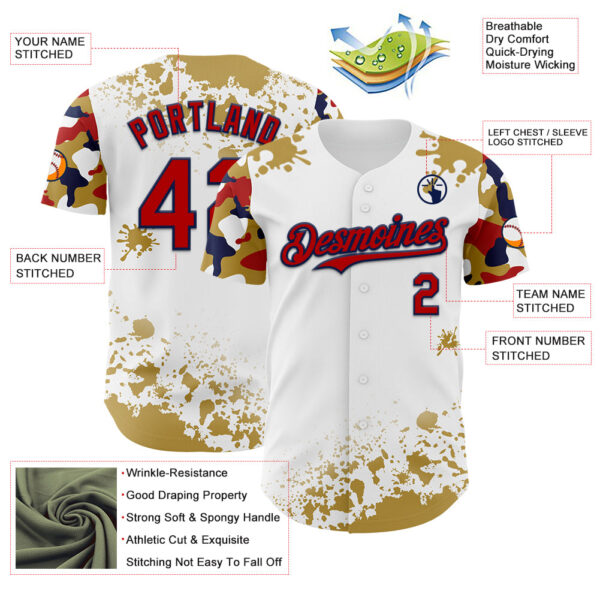 Custom White Red Navy-Old Gold Splatter Camo Two Tone Authentic Baseball Jersey