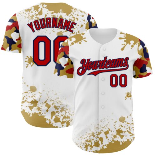 TwoTone1353 Custom White Red Navy-Old Gold Splatter Camo Two Tone Authentic Baseball Jersey
