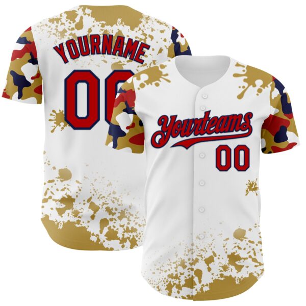 Custom White Red Navy-Old Gold Splatter Camo Two Tone Authentic Baseball Jersey