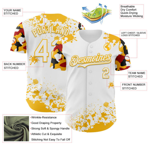 Custom White Gold Red-Black Splatter Camo Two Tone Authentic Baseball Jersey