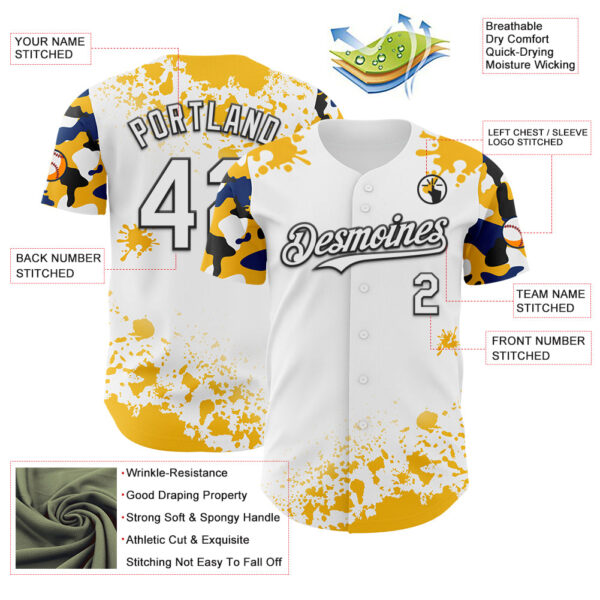 Custom White Black Gold-Blue Splatter Camo Two Tone Authentic Baseball Jersey