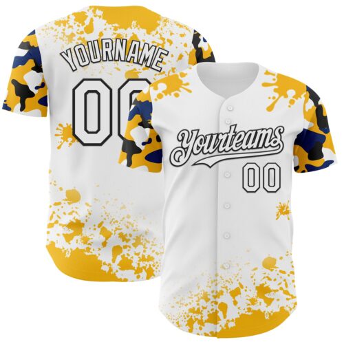 TwoTone1355 Custom White Black Gold-Blue Splatter Camo Two Tone Authentic Baseball Jersey