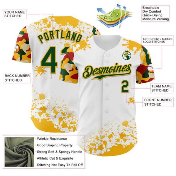 Custom White Green Gold-Red Splatter Camo Two Tone Authentic Baseball Jersey