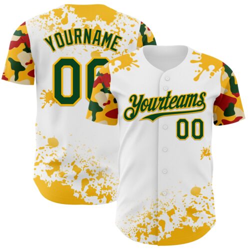 TwoTone1356 Custom White Green Gold-Red Splatter Camo Two Tone Authentic Baseball Jersey