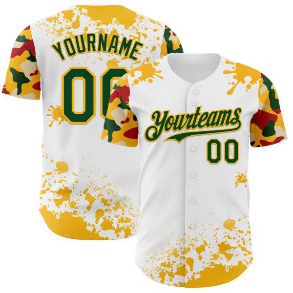 Custom White Green Gold-Red Splatter Camo Two Tone Authentic Baseball Jersey