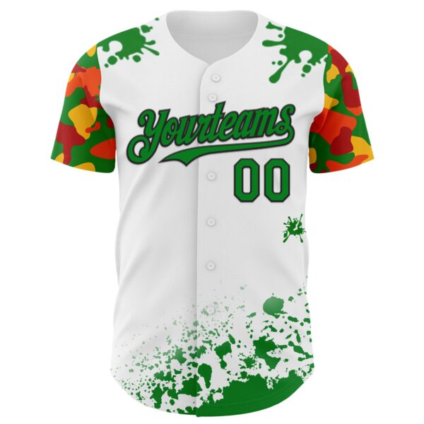 Custom White Grass Green Black Red-Yellow Splatter Camo Two Tone Authentic Baseball Jersey