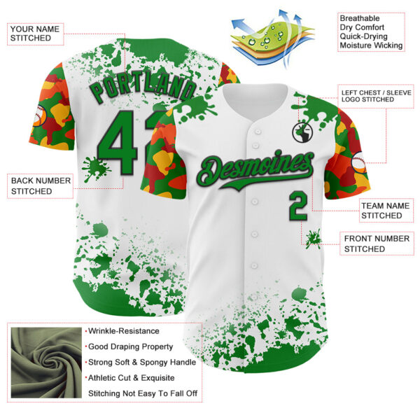 Custom White Grass Green Black Red-Yellow Splatter Camo Two Tone Authentic Baseball Jersey