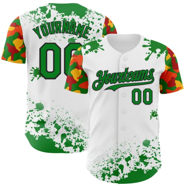 Custom White Grass Green Black Red-Yellow Splatter Camo Two Tone Authentic Baseball Jersey