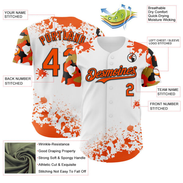 Custom White Orange Black-Old Gold Splatter Camo Two Tone Authentic Baseball Jersey
