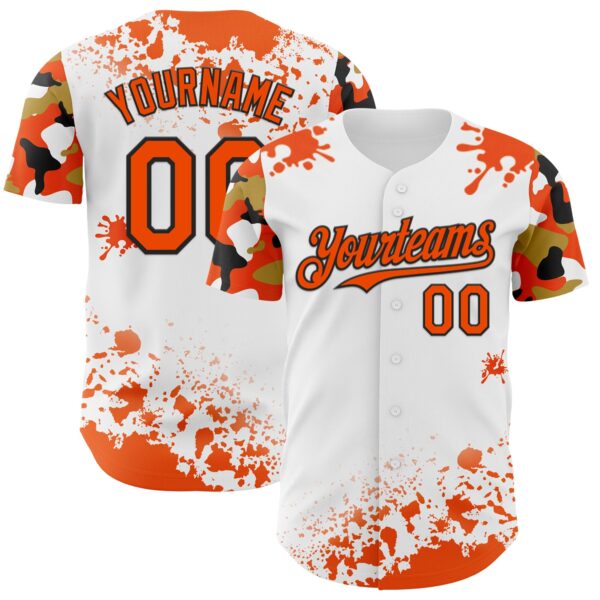 Custom White Orange Black-Old Gold Splatter Camo Two Tone Authentic Baseball Jersey