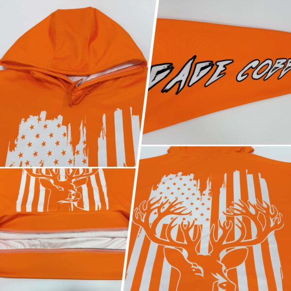 Custom Bay Orange White-Black 3D American Flag And Deer Hunting Sports Pullover Sweatshirt Hoodie