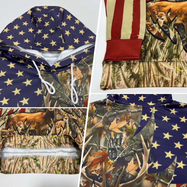 Custom Camo Black-White 3D American Flag And Deer Hunting Sports Pullover Sweatshirt Hoodie