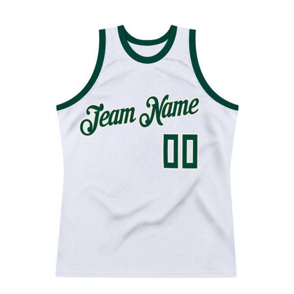 Custom White Hunter Green-Cream Authentic Throwback Basketball Jersey