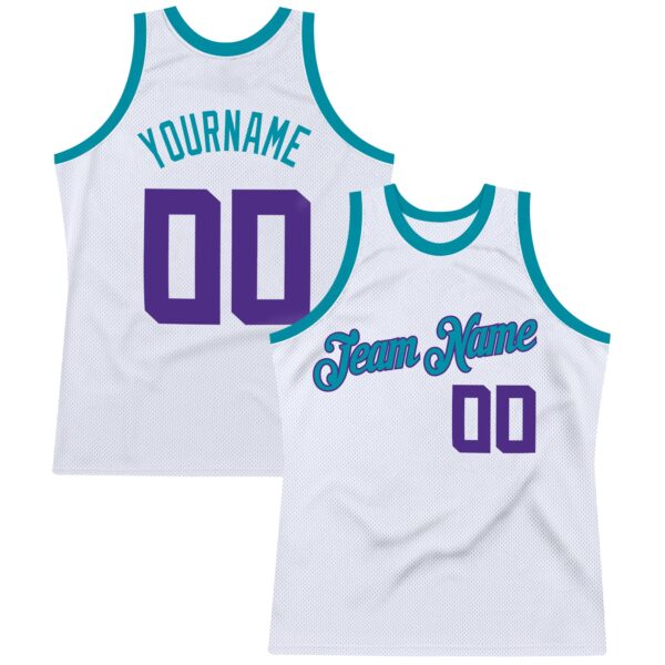 Custom White Purple-Teal Authentic Throwback Basketball Jersey