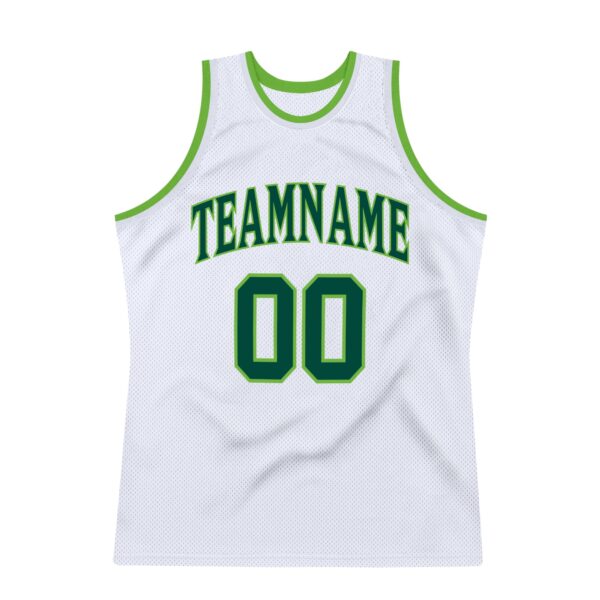 Custom White Hunter Green-Neon Green Authentic Throwback Basketball Jersey
