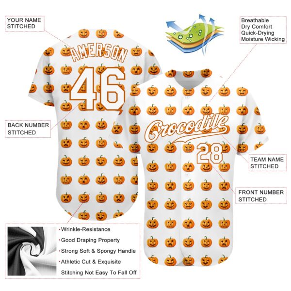 Custom White White-Texas Orange 3D Pattern Design Halloween Pumpkins Funny Faces Authentic Baseball Jersey
