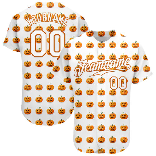 White0594 Custom White White-Texas Orange 3D Pattern Design Halloween Pumpkins Funny Faces Authentic Baseball Jersey