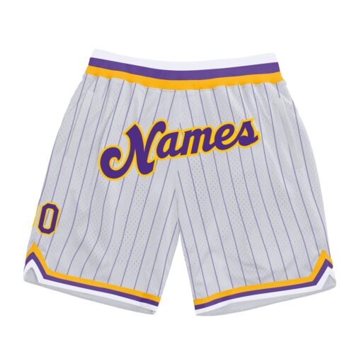 White0894 Custom White Purple Pinstripe Purple-Gold Authentic Basketball Shorts
