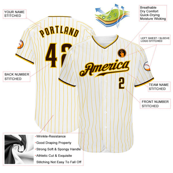 Custom White Gold Pinstripe Brown-Gold Authentic Baseball Jersey