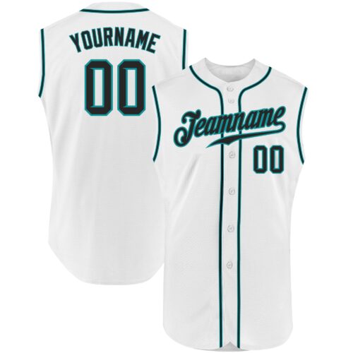 White0944 Custom White Black-Teal Authentic Sleeveless Baseball Jersey