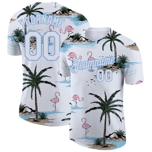 White0976 Custom White White-Light Blue 3D Pattern Design Hawaii Palm Trees Performance T-Shirt