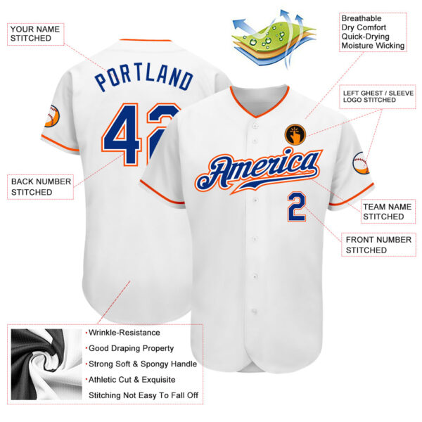 Custom White Royal-Orange Authentic Baseball Jersey