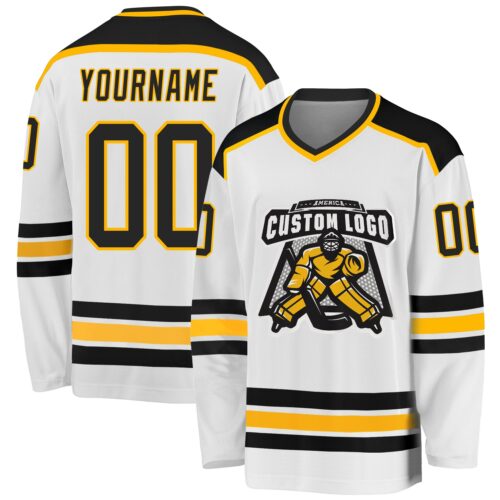 White1049 Custom White Black-Gold Hockey Jersey