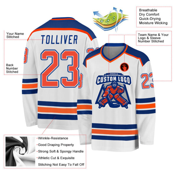 Custom White Orange-Royal Hockey Jersey