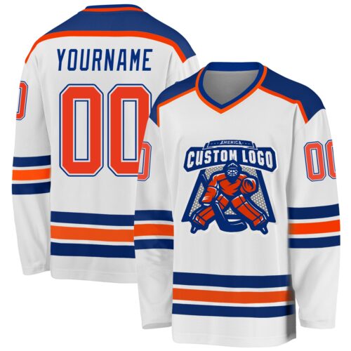 White1056 Custom White Orange-Royal Hockey Jersey