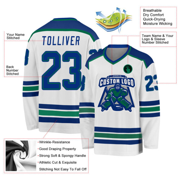 Custom White Royal-Kelly Green Hockey Jersey