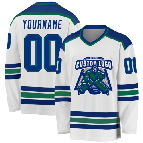 White1062 Custom White Royal-Kelly Green Hockey Jersey