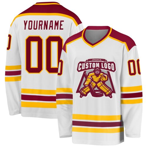White1064 Custom White Maroon-Gold Hockey Jersey