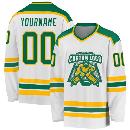 White1065 Custom White Kelly Green-Gold Hockey Jersey