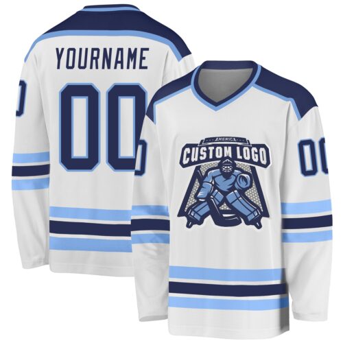 White1066 Custom White Navy-Light Blue Hockey Jersey