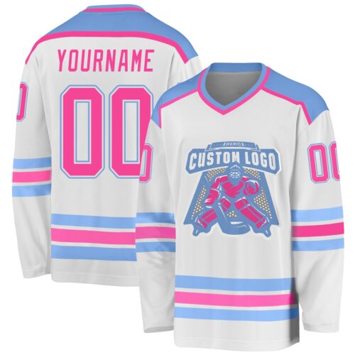 White1072 Custom White Pink-Light Blue Hockey Jersey