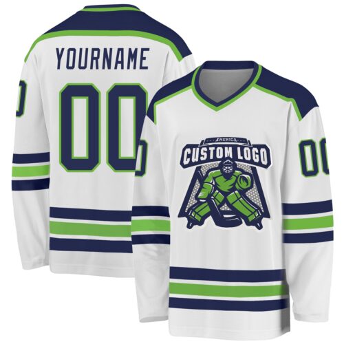 White1078 Custom White Navy-Neon Green Hockey Jersey
