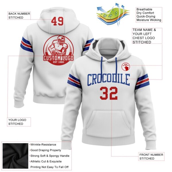 White1093-1 Custom Stitched White Red-Royal Football Pullover Sweatshirt Hoodie